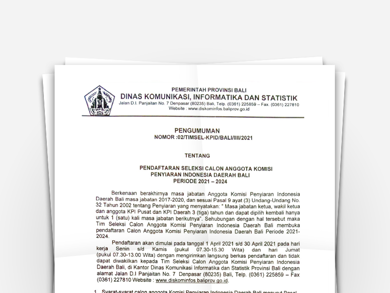 Pengumuman Pendaftaran Seleksi Calon Anggota KPID Bali 2021-2024