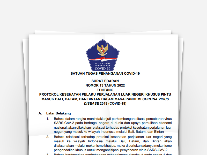 PROTOKOL KESEHATAN PELAKU PERJALANAN LUAR NEGERI KHUSUS PINTU<br>MASUK BALI, BATAM, DAN BINTAN DALAM MASA PANDEMI CORONA VIRUS<br>DISEASE 2019 (COVID-19)